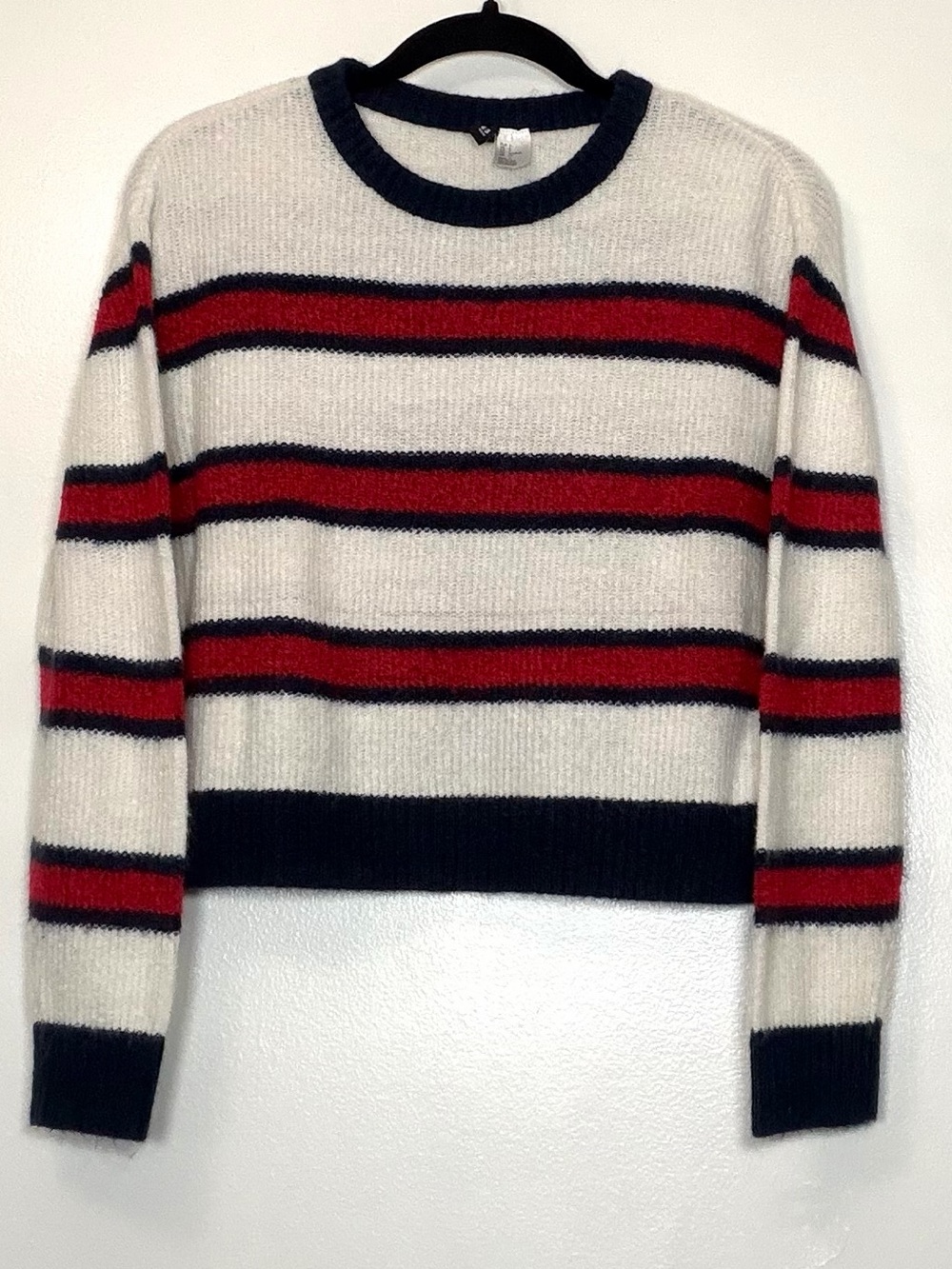 H&M Cream Crewneck Sweater with Red & Navy Stripes